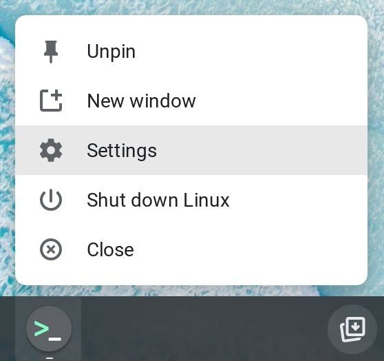 Access Terminal settings by right-clicking the Terminal icon.