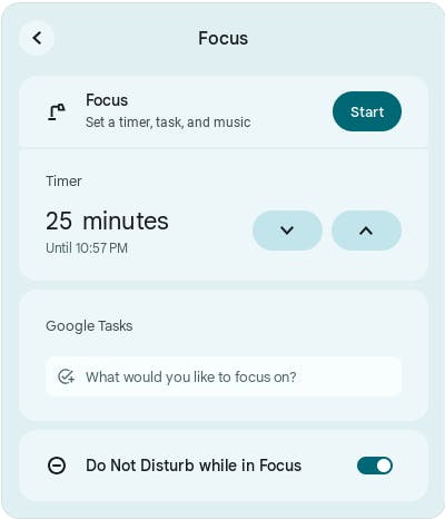 A Focus Dialog showing features such as Timer, Google Tabs, and Do not Disturb.