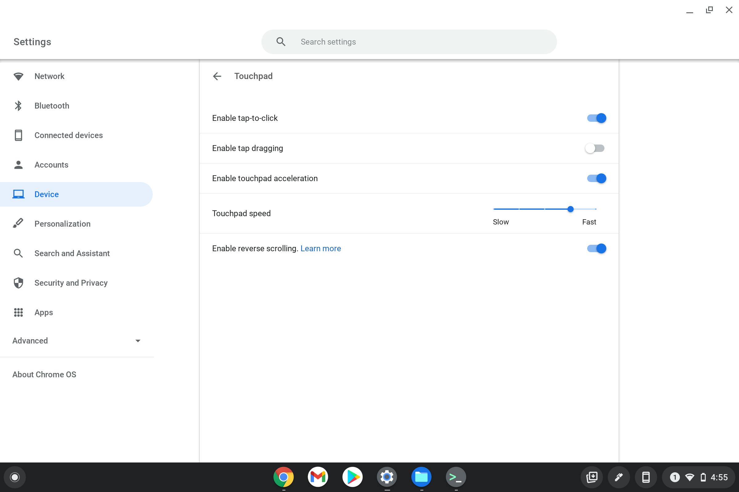 Touchpad settings options menu.
