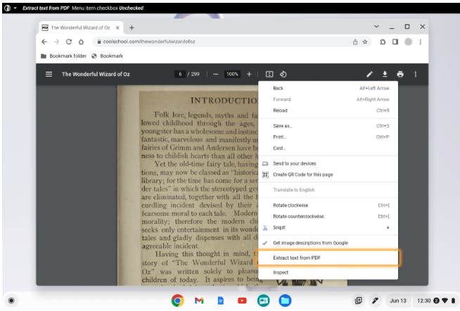 PDF is open in Chrome Browser. A menu shows the option to “Extract text from PDF.
