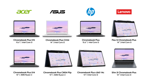 Chromebook Plus lineup of laptops including Acer, Asus, HP, and Lenovo. In the first column: Acer Chromebook Plus 515 and Acer Chromebook Plus 514. In the second column: Asus Chromebook Plus CX34 and Asus Chromebook Plus CM34 Flip. In the third column: HP Chromebook Plus and HP Chromebook Plus x360 14c. In the fourth column: Lenovo Flex 5i Chromebook Plus and Slim 3i Chromebook Plus.
