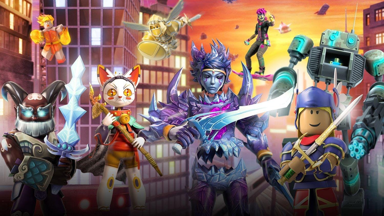 A group of Roblox characters standing next to each other.