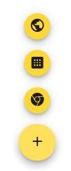 Expanded add app buttons with three child buttons, the top with a globe, the middle a black box with a three by three grid of circles, and the bottom the Chrome icon.