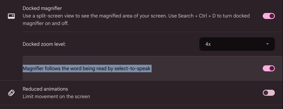 Under "Docked magnifier," are two settings: "Docked zoom level" (set to 4x) and "Magnifier follows the word being read by select-to-speak" (toggled on).