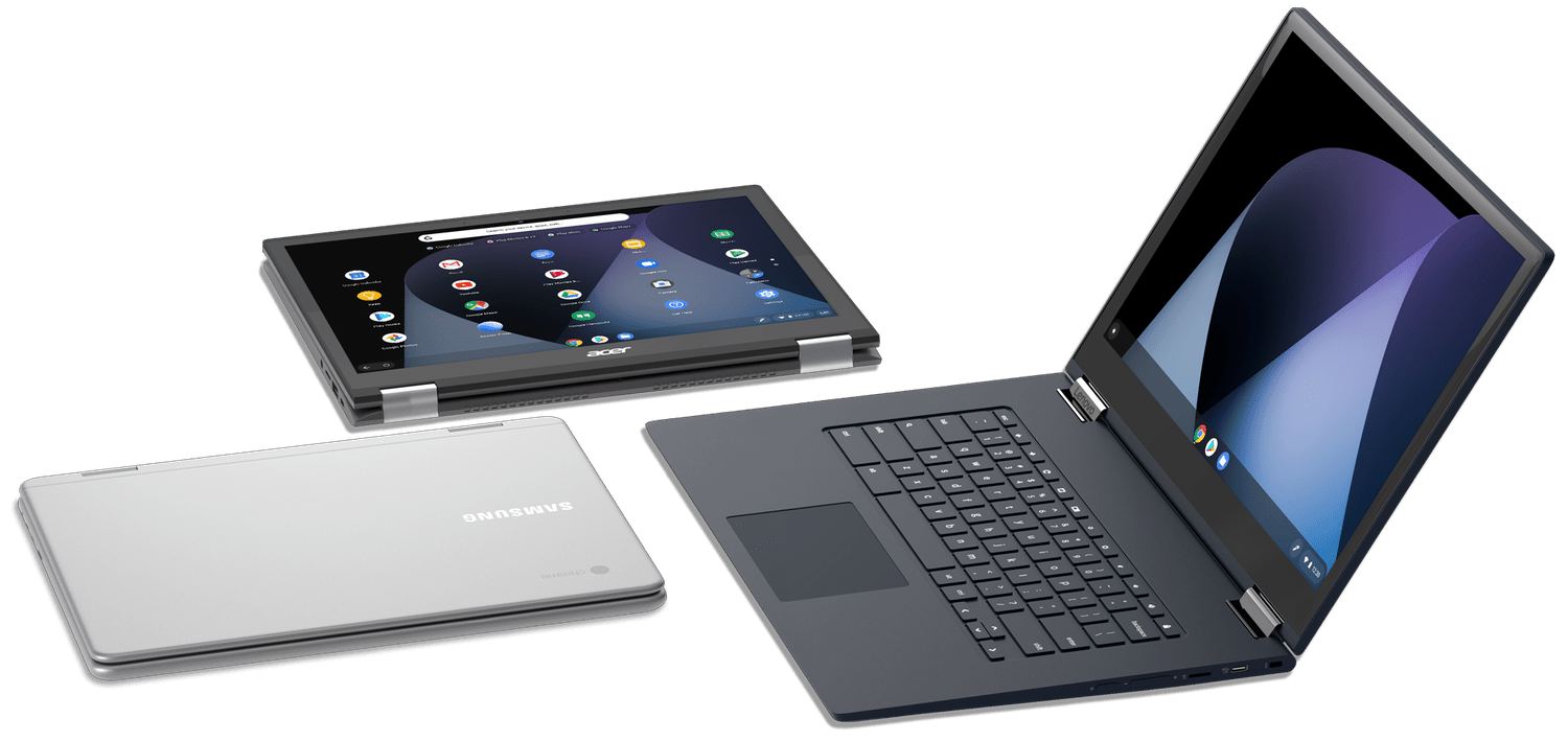 Three Chromebooks, a closed Samsung device, an Acer device opened flat in tablet mode, and a Lenovo opened in laptop mode