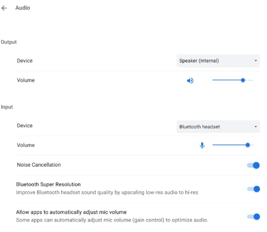 A screenshot of audio settings with Bluetooth Super Resolution enabled.