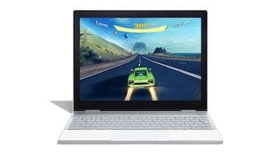 A close up of a laptop with a car racing gameplay.