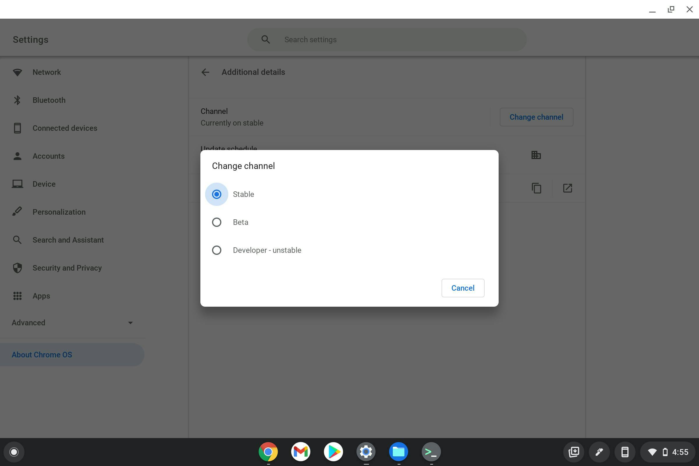 ChromeOS channel selection dialog box