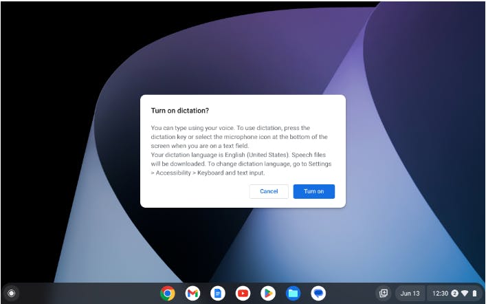 A ChromeOS desktop featuring an alert with the header ‘Turn on dictation.' The text reads: ‘You can type using your voice. To use dictation, press the dictation key or select the microphone icon at the bottom of the screen when you are on a text field. Your dictation language is English (United States). Speech files will be downloaded. To change dictation language, go to Settings > Accessibility > Keyboard and text input.' After the text, there are two prompts: ‘Cancel' and ‘Turn on'.