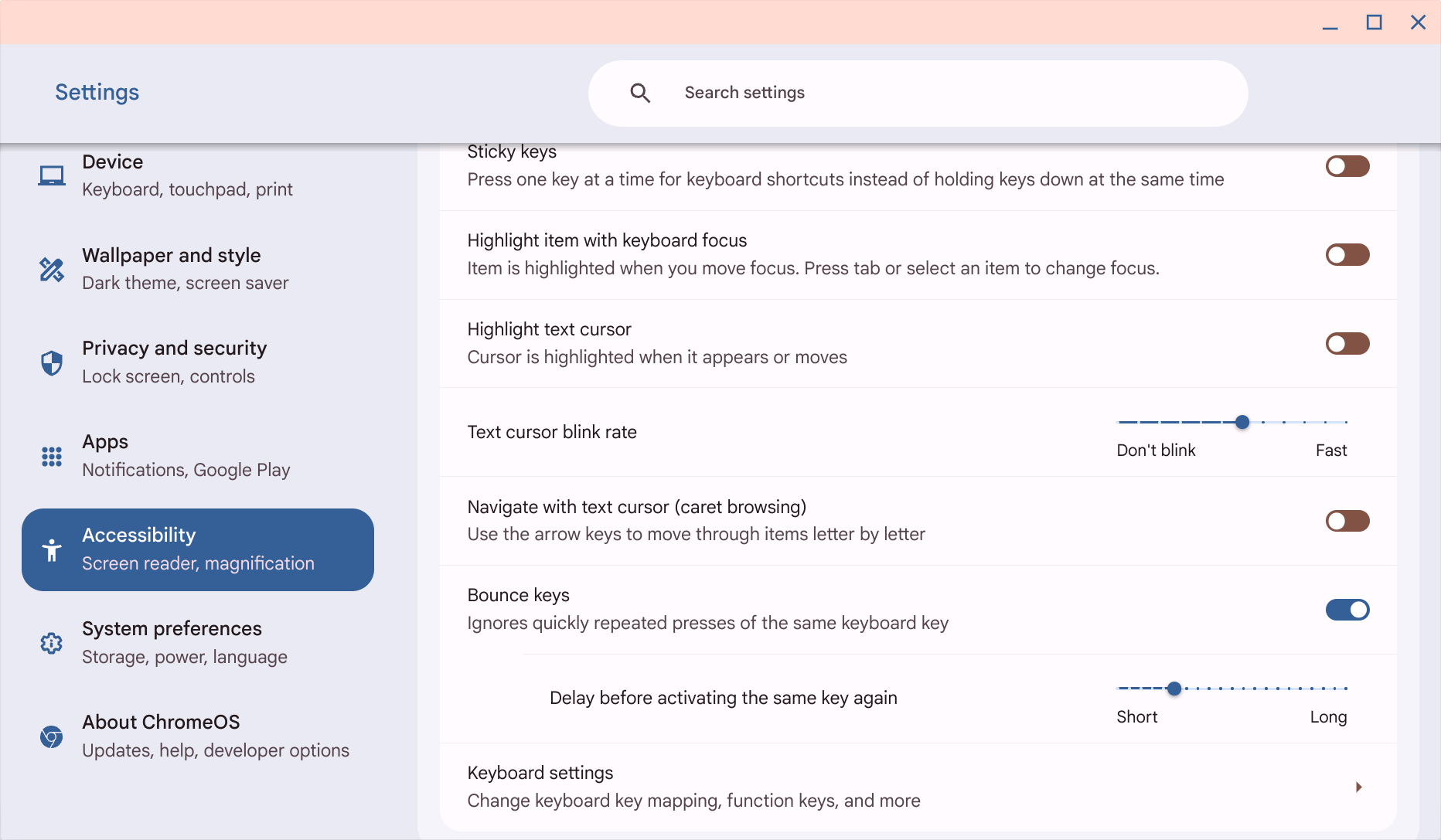 A screenshot of the ChromeOS Accessibility settings tab, with the delay slider for bounce keys scrolled into view.