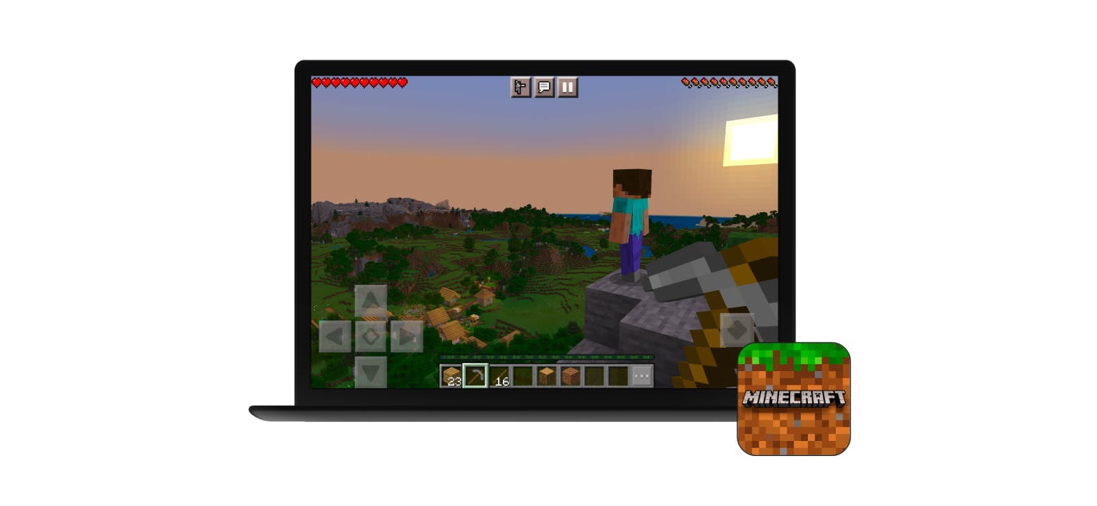 The early access version Minecraft: Bedrock Edition shown on a Chromebook, with the Minecraft logo to the bottom left.