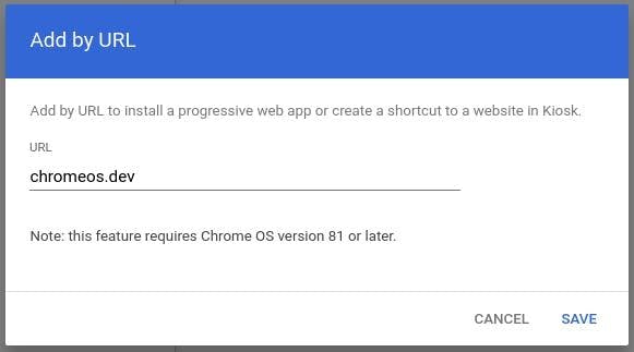 Add by URL dialog box, with chromeos.dev entered in the field.