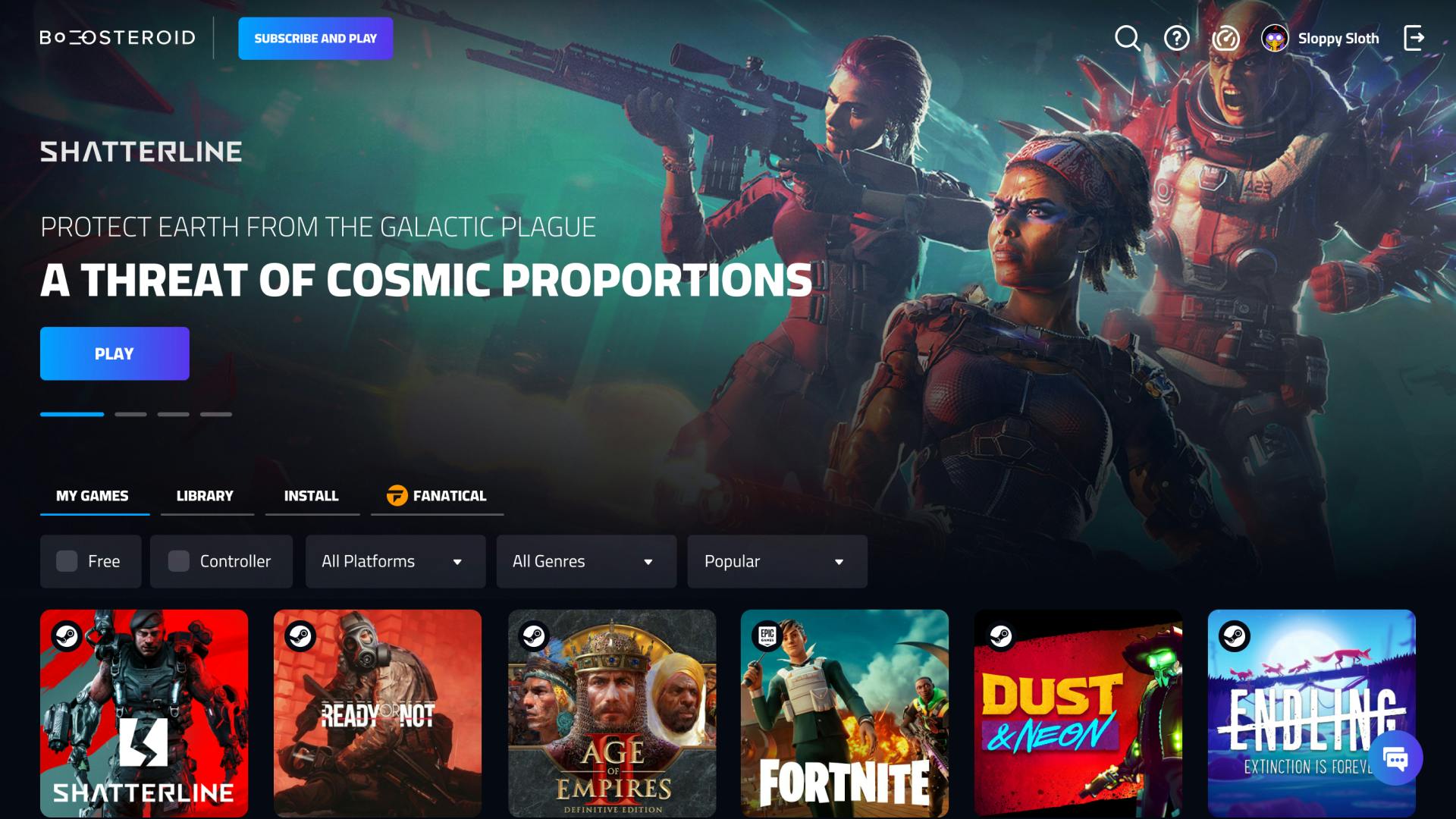 Boosteroid's platform, depicting a splash of the video game Shatterline alongside a list of other games: Ready or Not, Age of Empires II, Fortnite, Dust & Neon, and Endling.