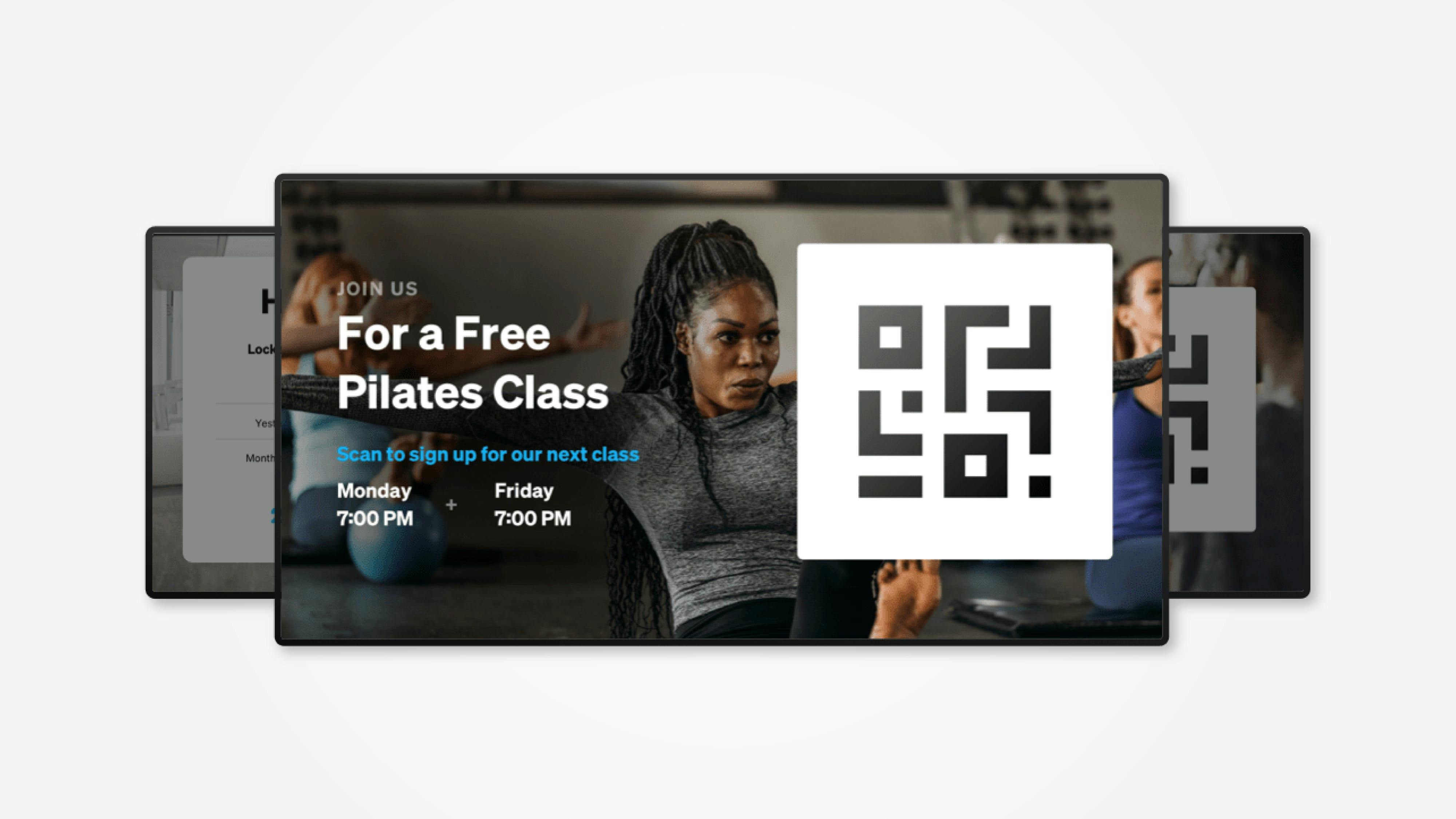 The UPshow platform promoting a free pilates class, with a QR code.