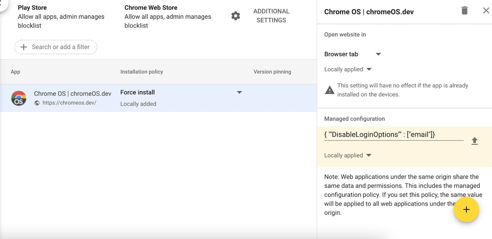 The Google Admin Console UI to insert managed config fields